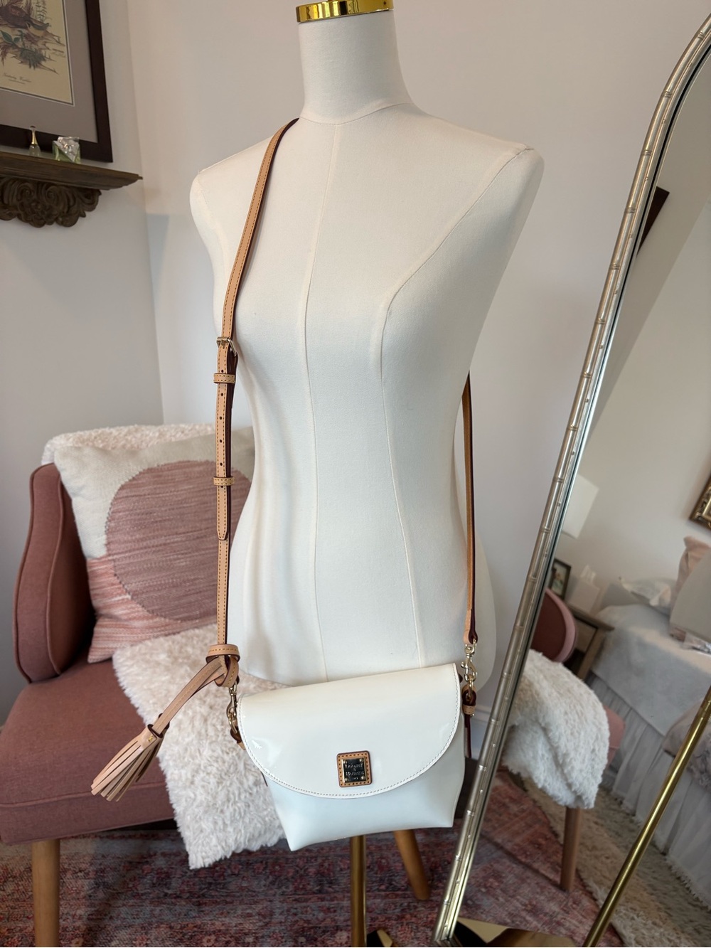 Dooney & Bourke White Crossbody with Tan Strap
